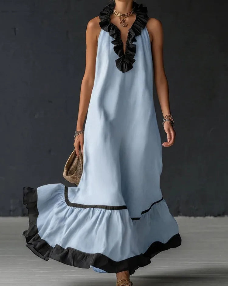 Elegant A-Line Maxi Dress with Ruffle Trim and V-Neck, featuring a sleeveless design in blue and off-white, perfect for women's formal and 0