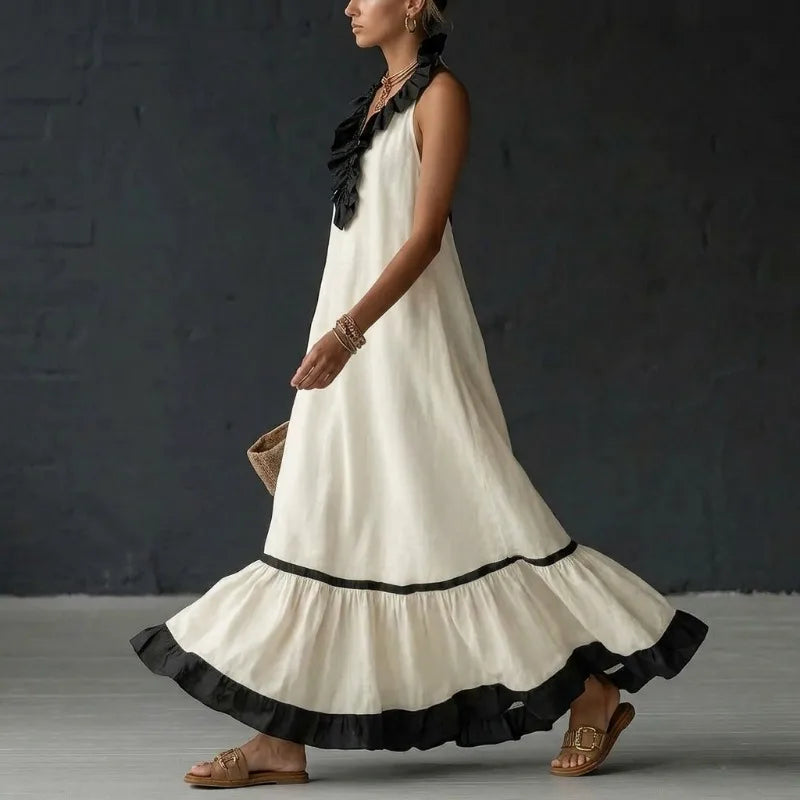 Elegant A-Line Maxi Dress with Ruffle Trim and V-Neck, featuring a sleeveless design in blue and off-white, perfect for women's formal and 1
