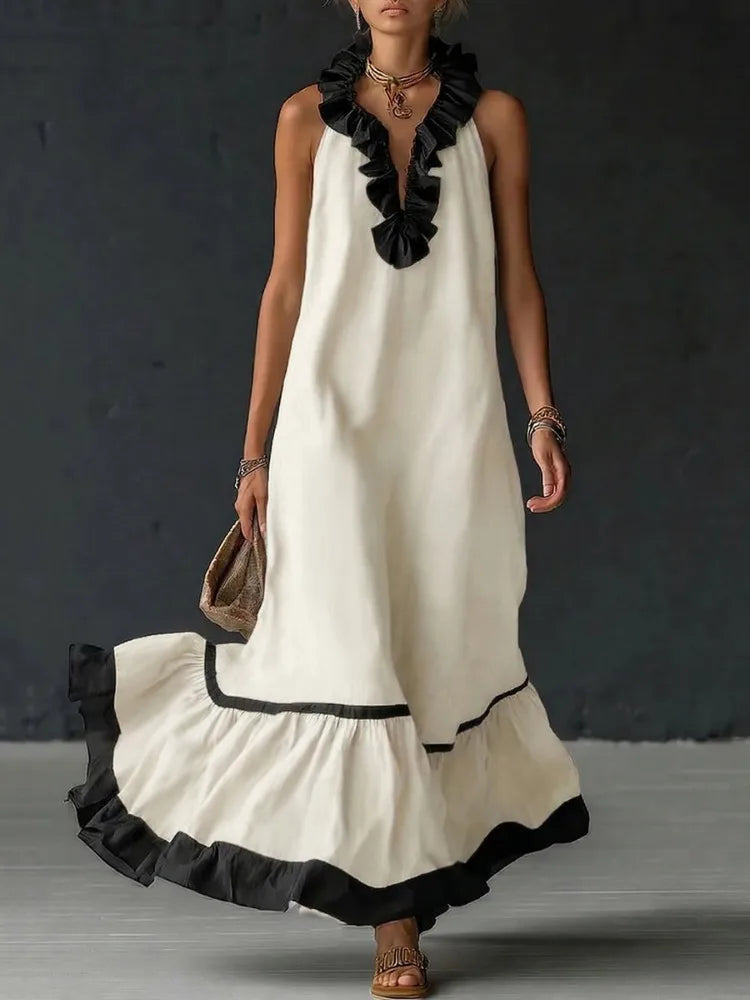 Elegant A-Line Maxi Dress with Ruffle Trim and V-Neck, featuring a sleeveless design in blue and off-white, perfect for women's formal and 2