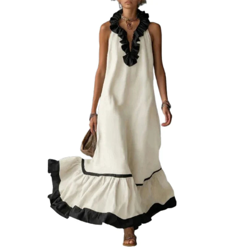 Elegant A-Line Maxi Dress with Ruffle Trim and V-Neck, featuring a sleeveless design in blue and off-white, perfect for women's formal and 3