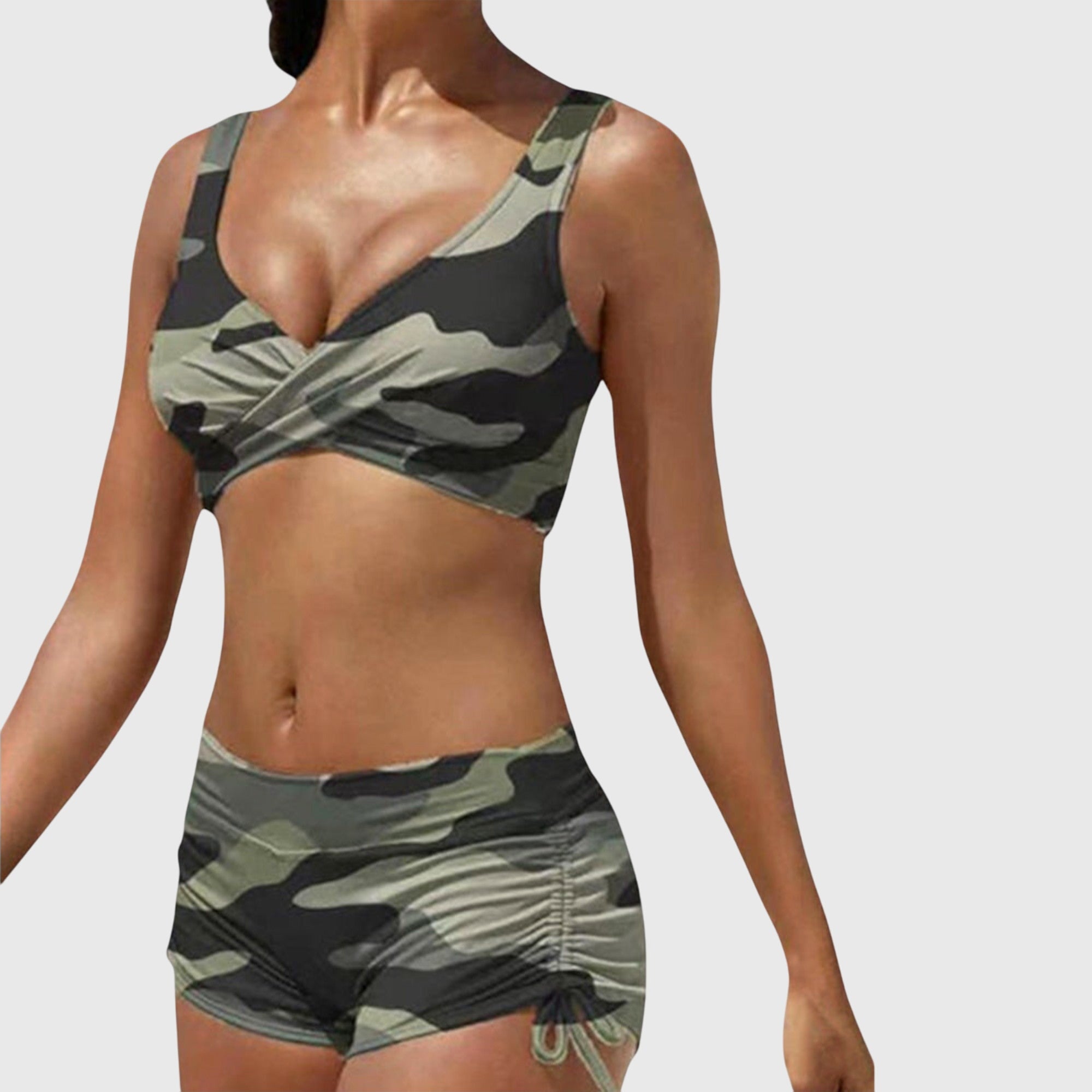 Bikini swimsuit set featuring a trendy camouflage pattern, designed as a sporty two-piece swimwear for women, perfect for beach and pool activities. 0