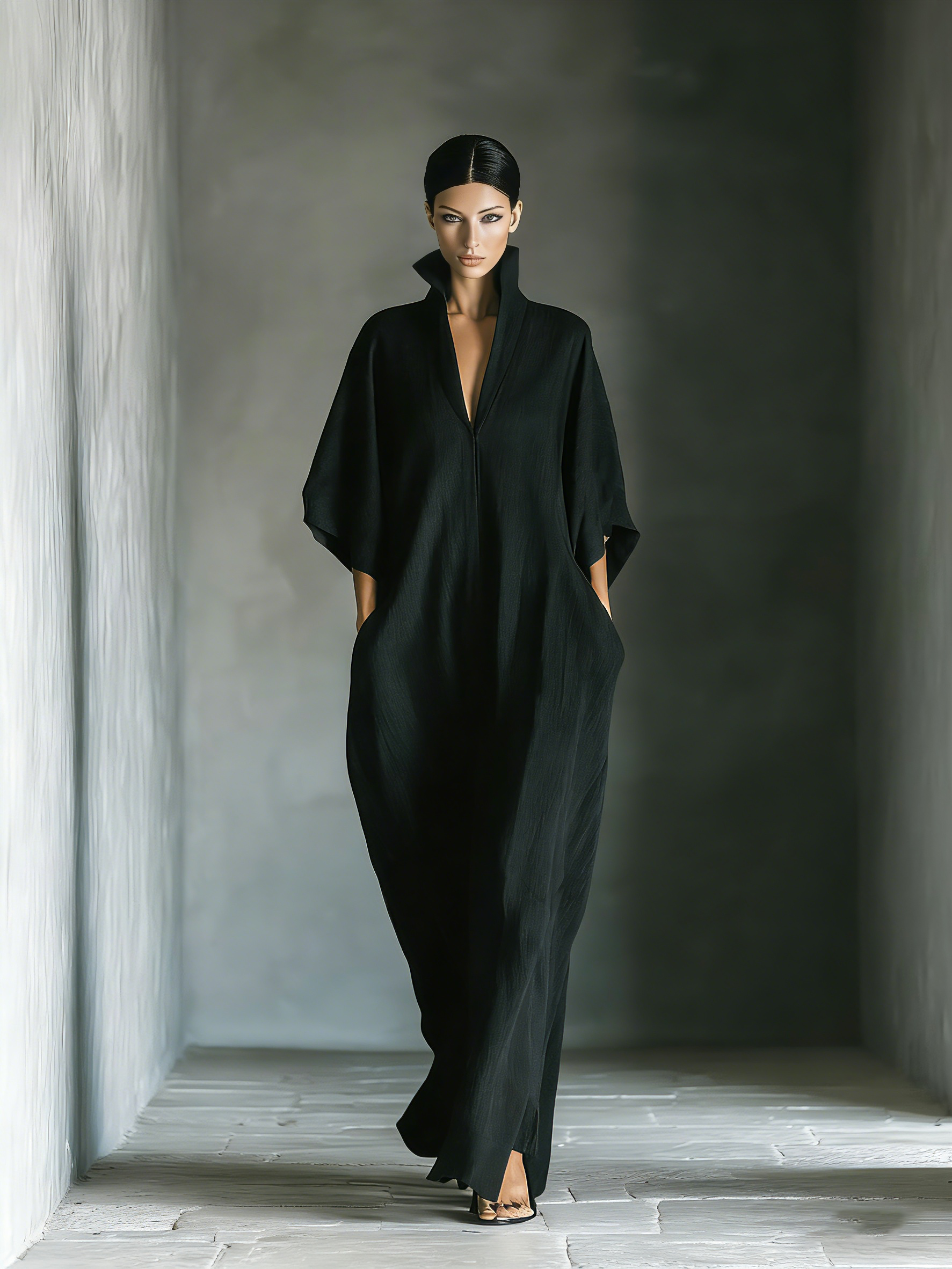 Black maxi dress featuring kimono sleeves and convenient pockets, designed for women in a comfortable oversized cotton blend. 1