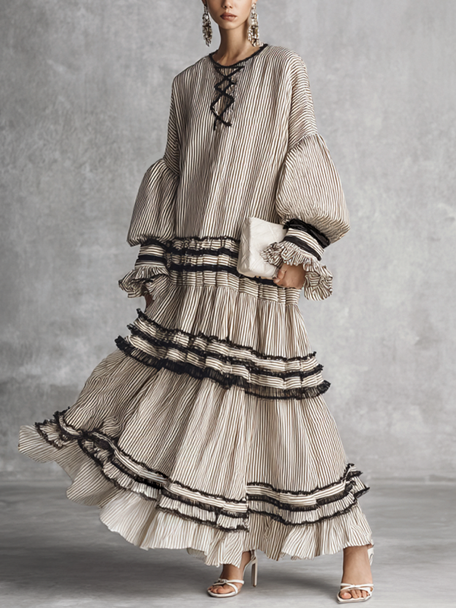 Bohemian maxi dress featuring long sleeves and a ruffled skirt in a stylish brown and white stripe cotton blend, perfect for casual and semi-formal occasions 0