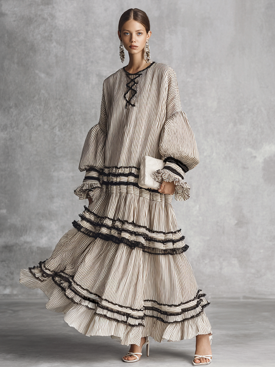 Bohemian maxi dress featuring long sleeves and a ruffled skirt in a stylish brown and white stripe cotton blend, perfect for casual and semi-formal occasions 1