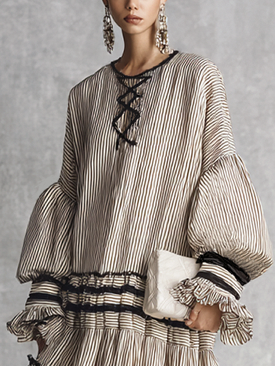Bohemian maxi dress featuring long sleeves and a ruffled skirt in a stylish brown and white stripe cotton blend, perfect for casual and semi-formal occasions 2
