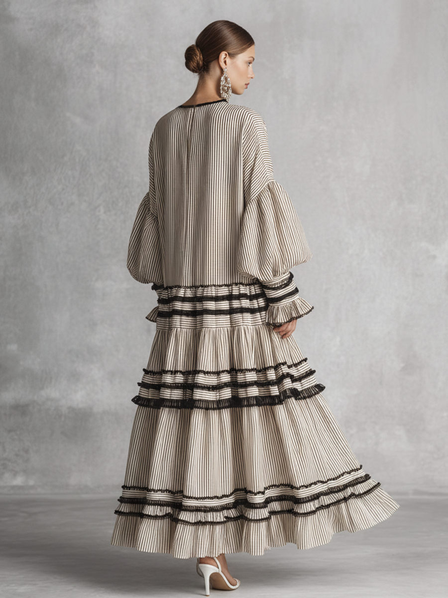 Bohemian maxi dress featuring long sleeves and a ruffled skirt in a stylish brown and white stripe cotton blend, perfect for casual and semi-formal occasions 4