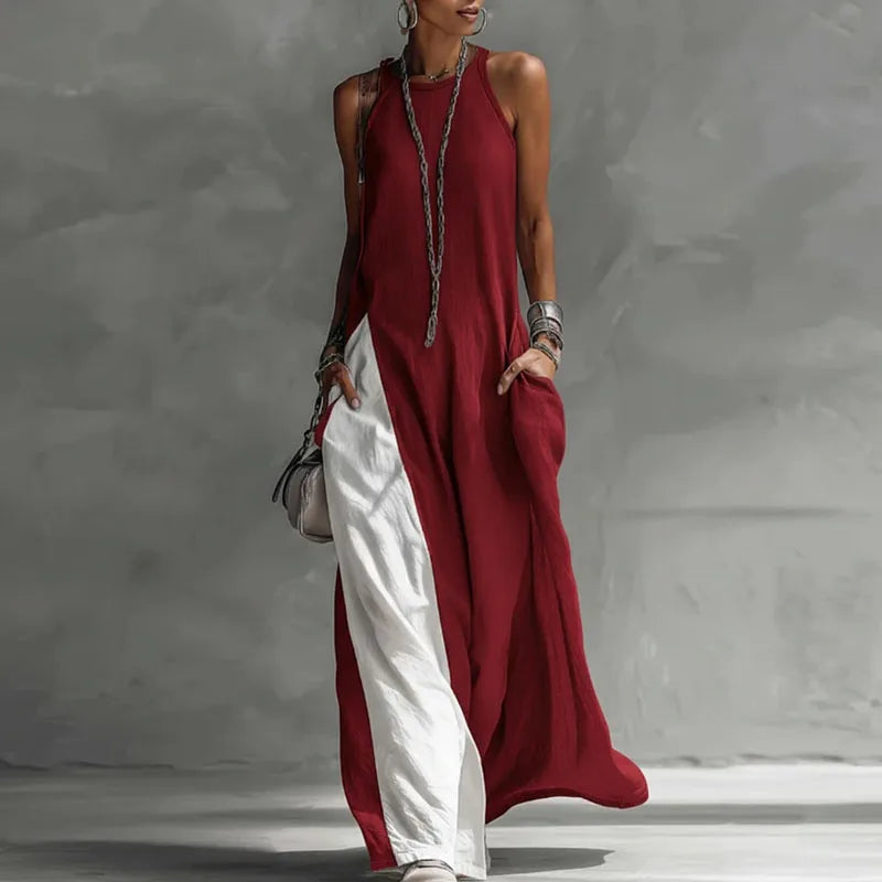 Boho maxi dress for women featuring a sleeveless A-line design, made from lightweight fabric, and designed with convenient pockets for summer outings. 3