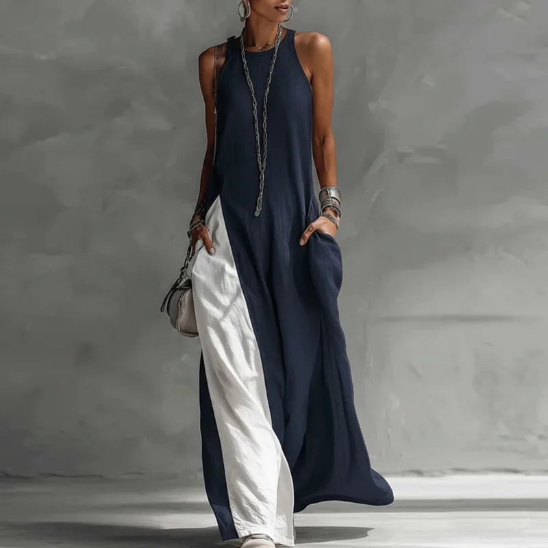 Boho maxi dress for women featuring a sleeveless A-line design, made from lightweight fabric, and designed with convenient pockets for summer outings. 5