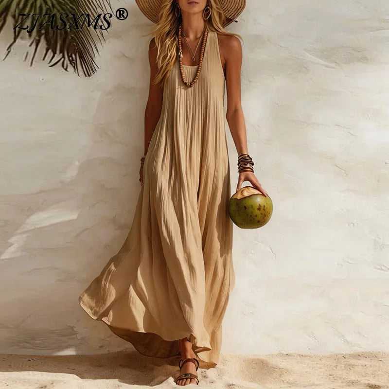 Boho maxi dress with U-neck and sleeveless design, featuring a flowy lightweight silhouette perfect for women’s casual summer outings. 1