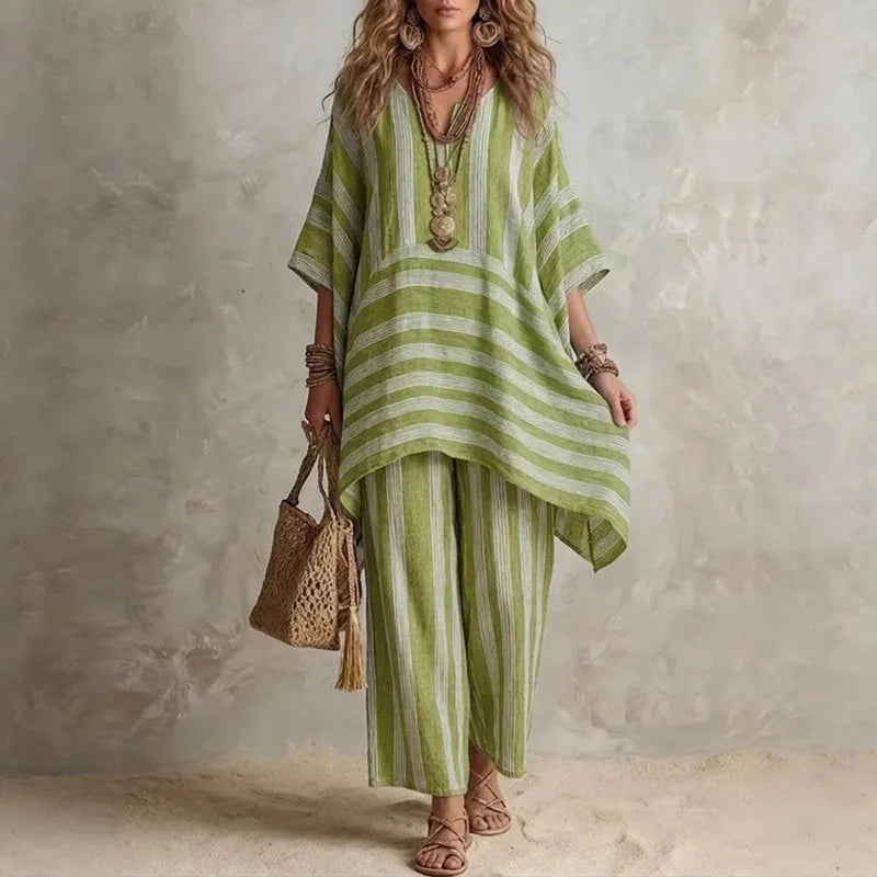 Boho vintage women's outfit featuring a stylish V-neck top and wide leg pants with a chic striped design, perfect for summer holidays. 4