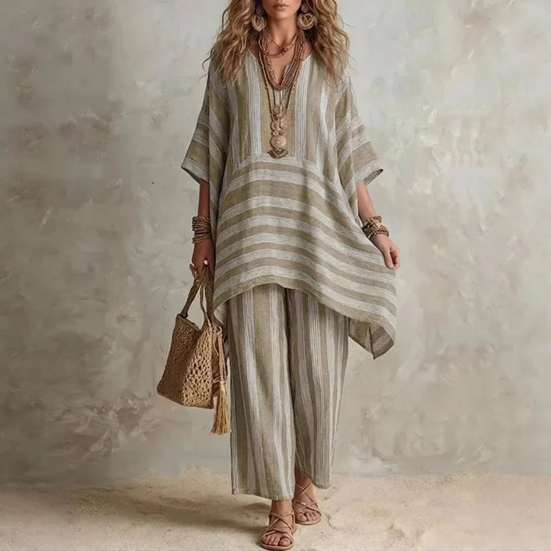 Boho vintage women's outfit featuring a stylish V-neck top and wide leg pants with a chic striped design, perfect for summer holidays. 5