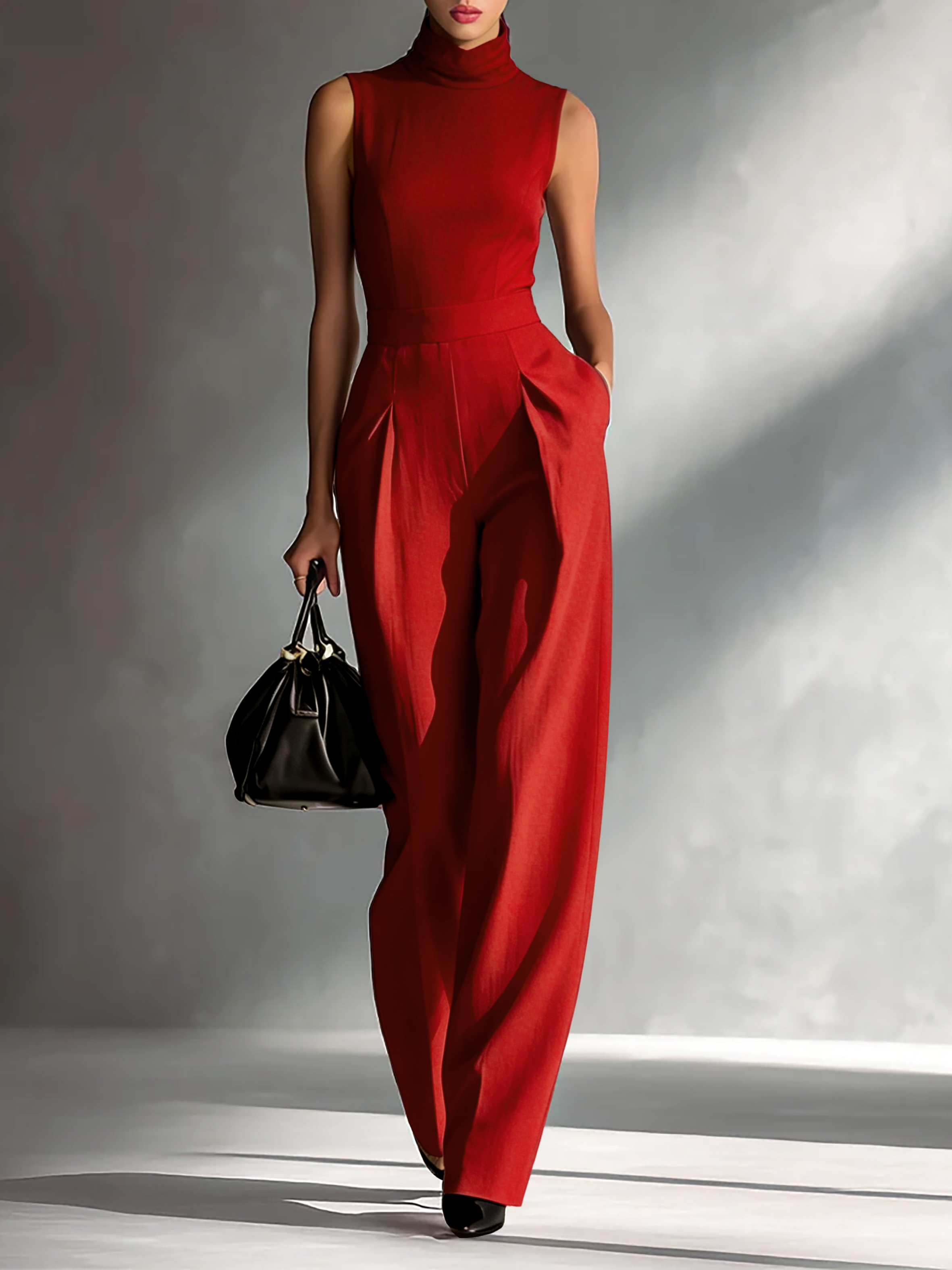 Burgundy jumpsuit for women featuring wide-leg trousers, made from a breathable cotton-linen blend with a sleeveless high neck design. 1