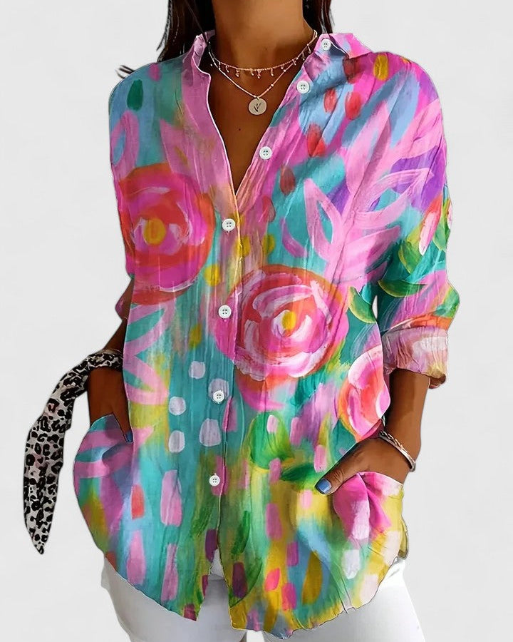 Button-Up Blouse with Artistic Print – Relaxed Fit Cotton Blend – Multicolor Design for Everyday Wear 0