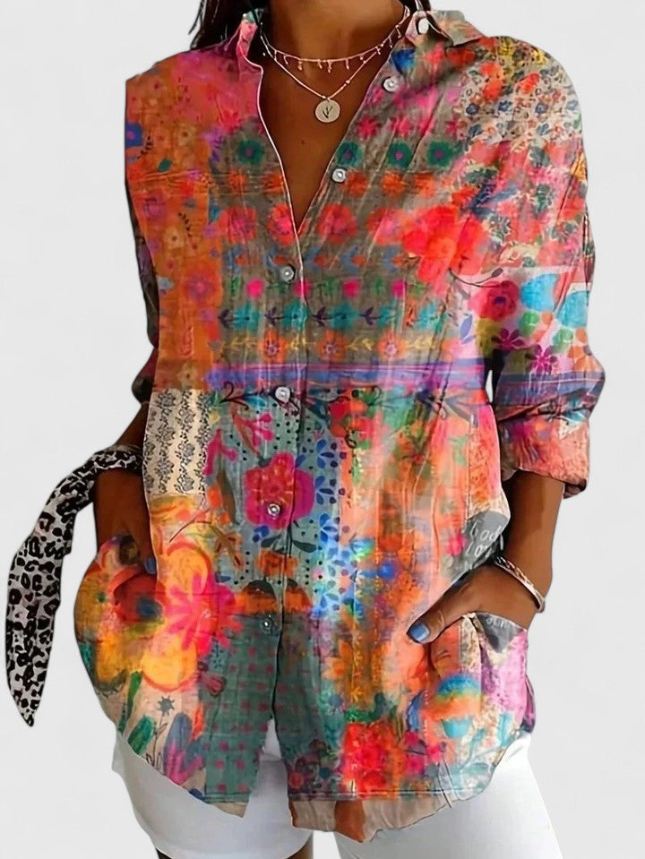 Button-Up Blouse with Artistic Print – Relaxed Fit Cotton Blend – Multicolor Design for Everyday Wear 1