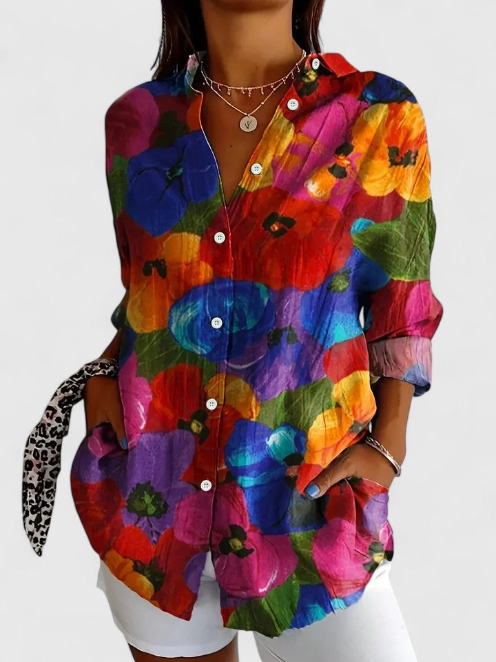 Button-Up Blouse with Artistic Print – Relaxed Fit Cotton Blend – Multicolor Design for Everyday Wear 2