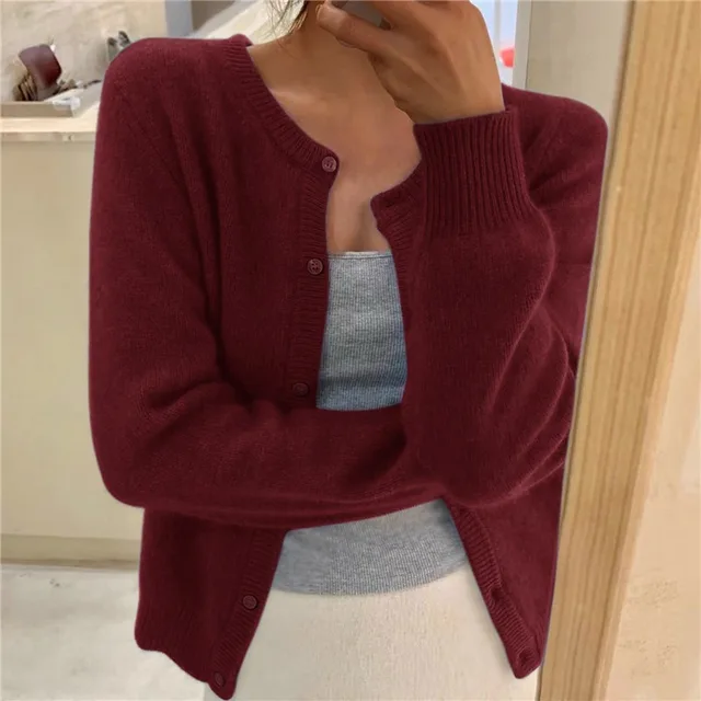 Cropped cardigan sweater for women featuring a button front and round neckline, made from soft cashmere-feel knit for ultimate comfort and style. 6
