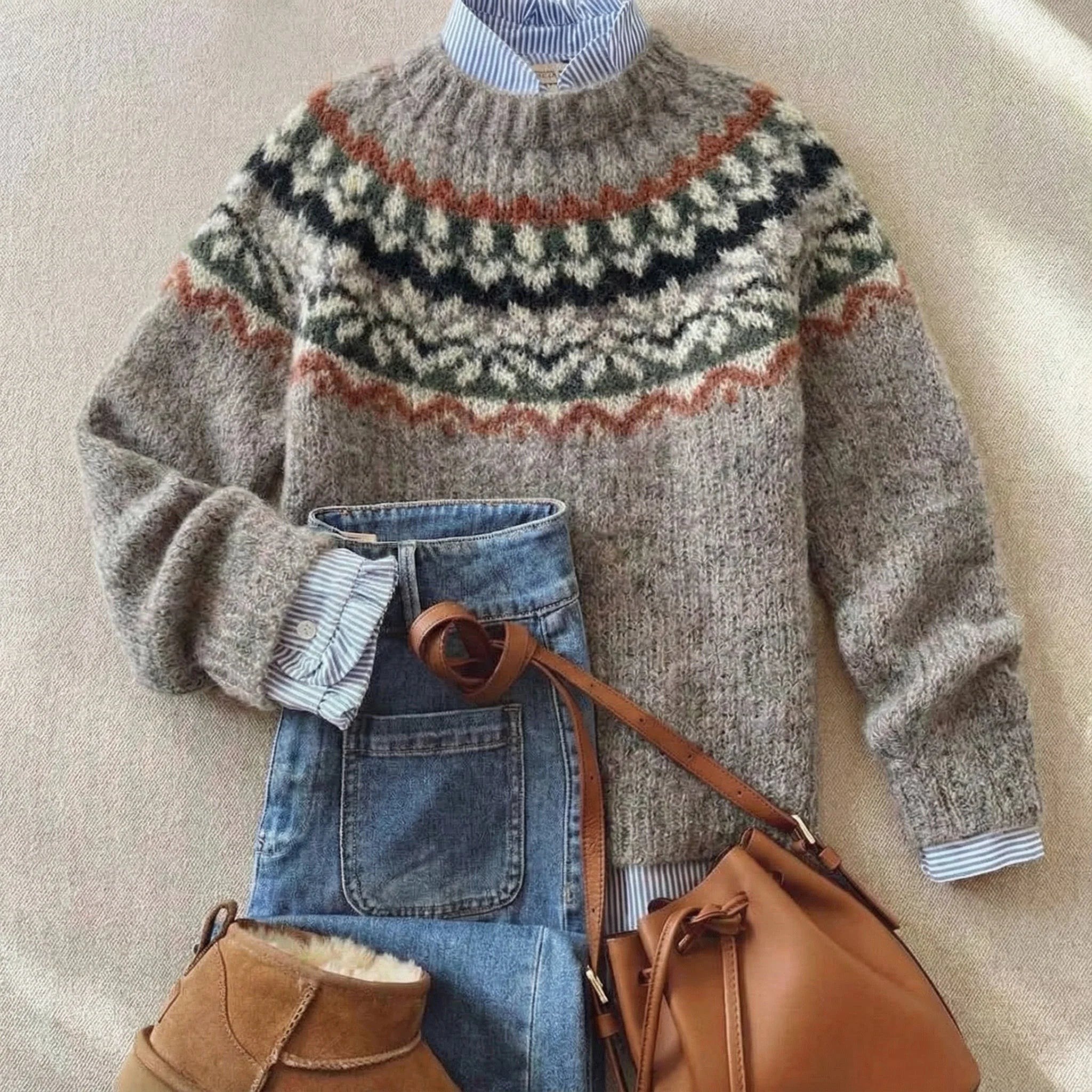 Women's Fair Isle Cardigan featuring a patterned yoke, crafted from soft knit fabric, designed for a relaxed fit in stylish heathered colors. 2