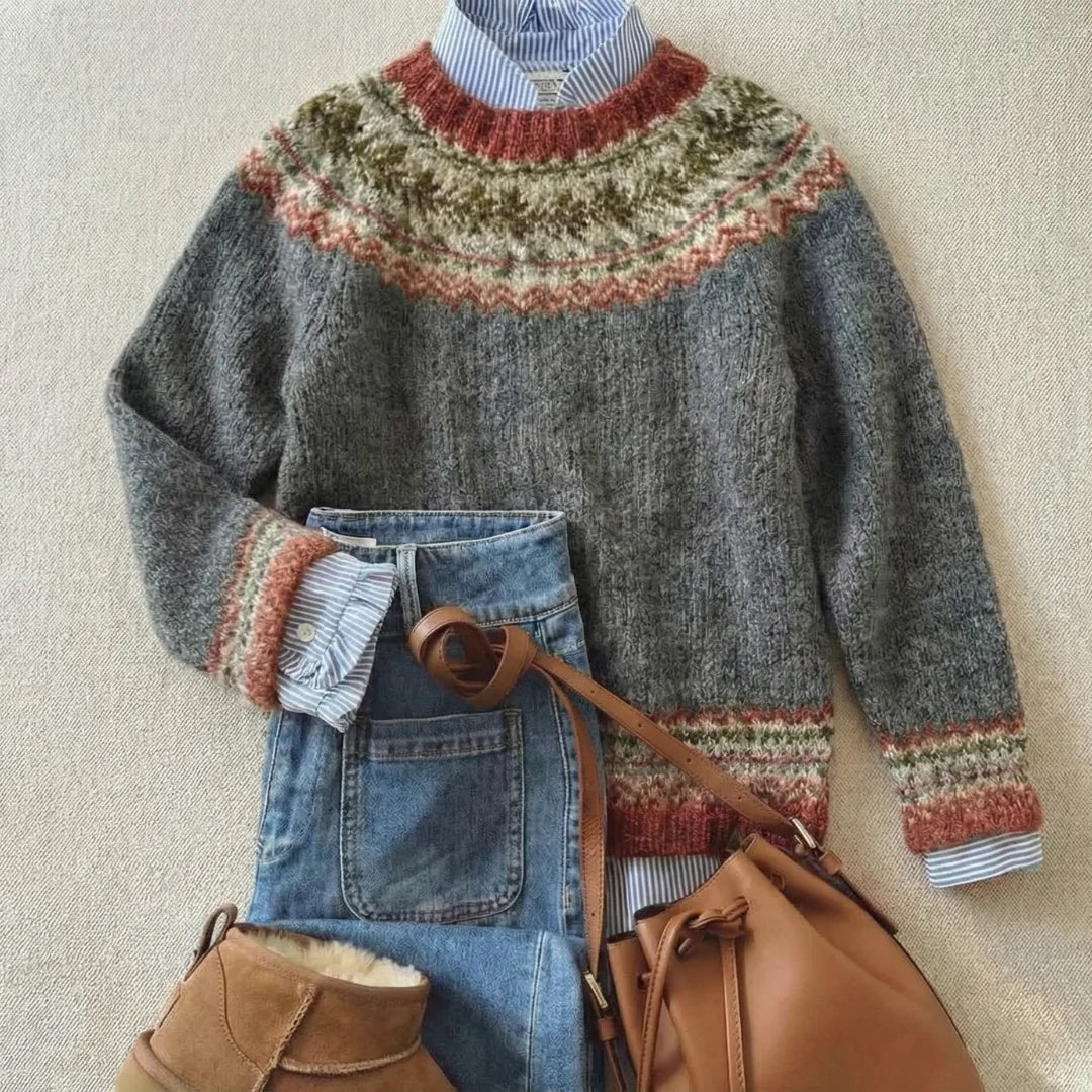 Women's Fair Isle Cardigan featuring a patterned yoke, crafted from soft knit fabric, designed for a relaxed fit in stylish heathered colors. 3