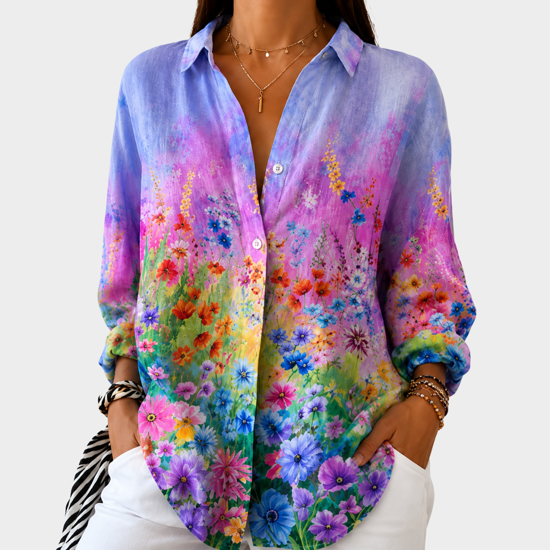 Floral blouse with a relaxed button-front and loose fit, perfect for summer, featuring vibrant garden-inspired patterns for women. 0