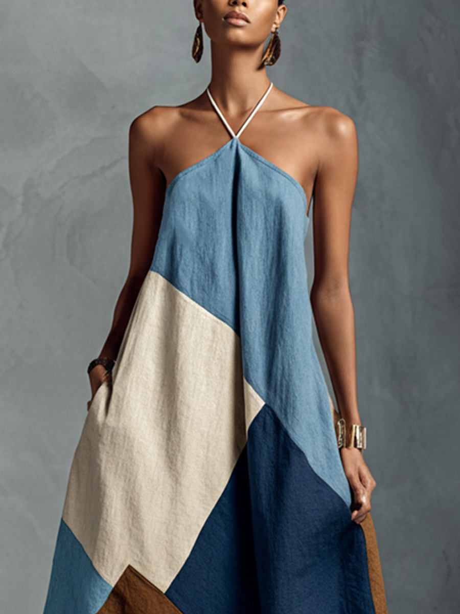 Floral maxi dress featuring a relaxed fit and halter neck design, made from a breathable cotton linen blend, perfect for women seeking comfort and style. 2