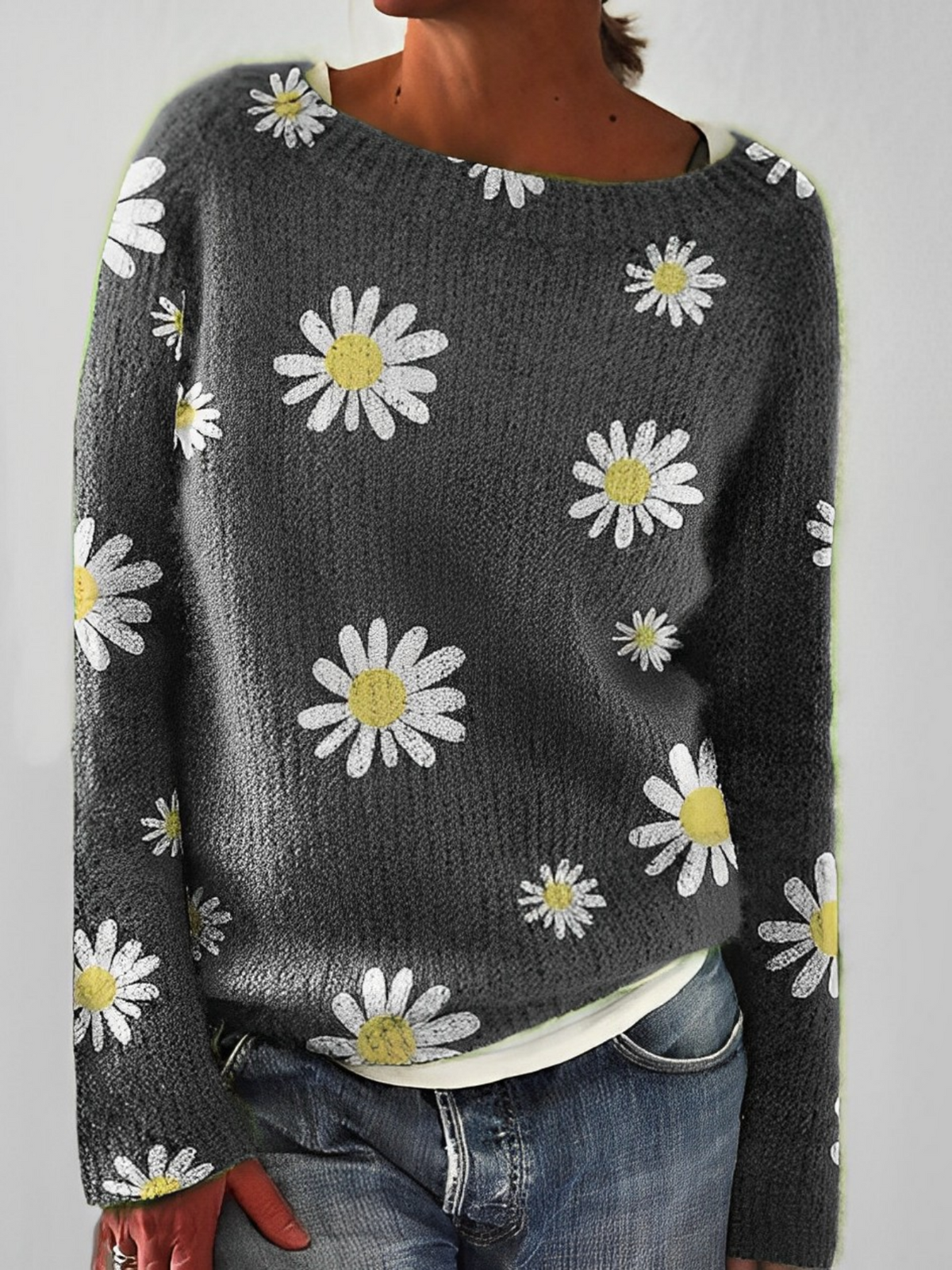 Fluffy knit sweater for women featuring a wide round neckline and slim fit, crafted from a soft brushed texture for ultimate comfort and style. 7