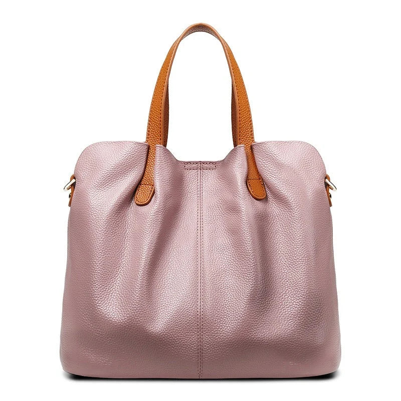 Genuine leather handbag with adjustable strap, featuring luxurious lychee grain cowhide, available in blue, black, pink, gray, and beige, designed 3