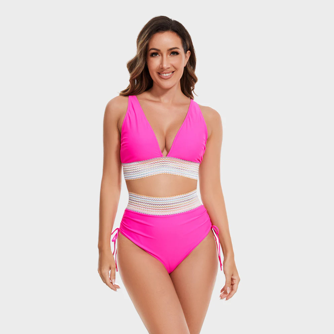 High waisted bikini set with tummy control, featuring elegant design and flattering fit for women, perfect for beach or poolside. 1