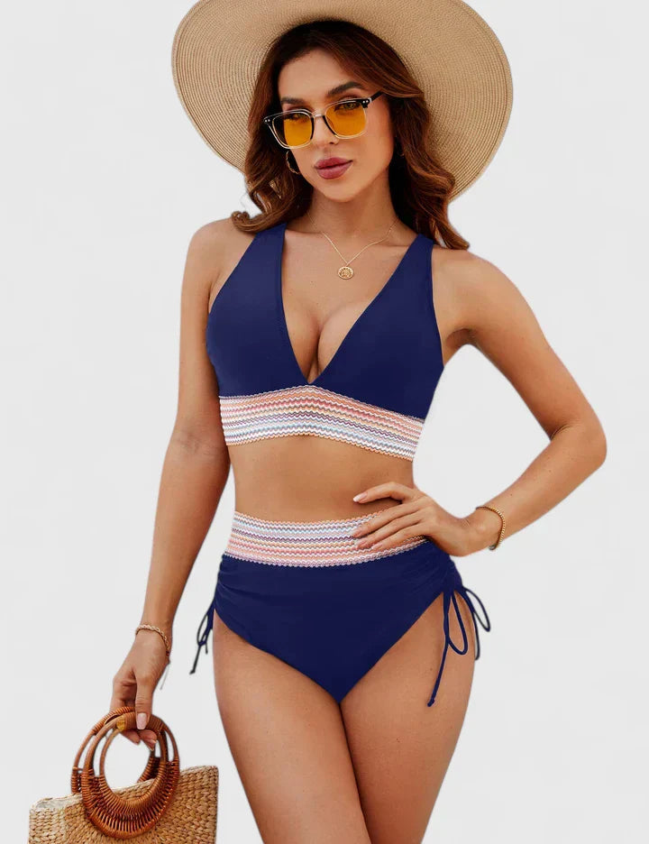 High waisted bikini set with tummy control, featuring elegant design and flattering fit for women, perfect for beach or poolside. 5