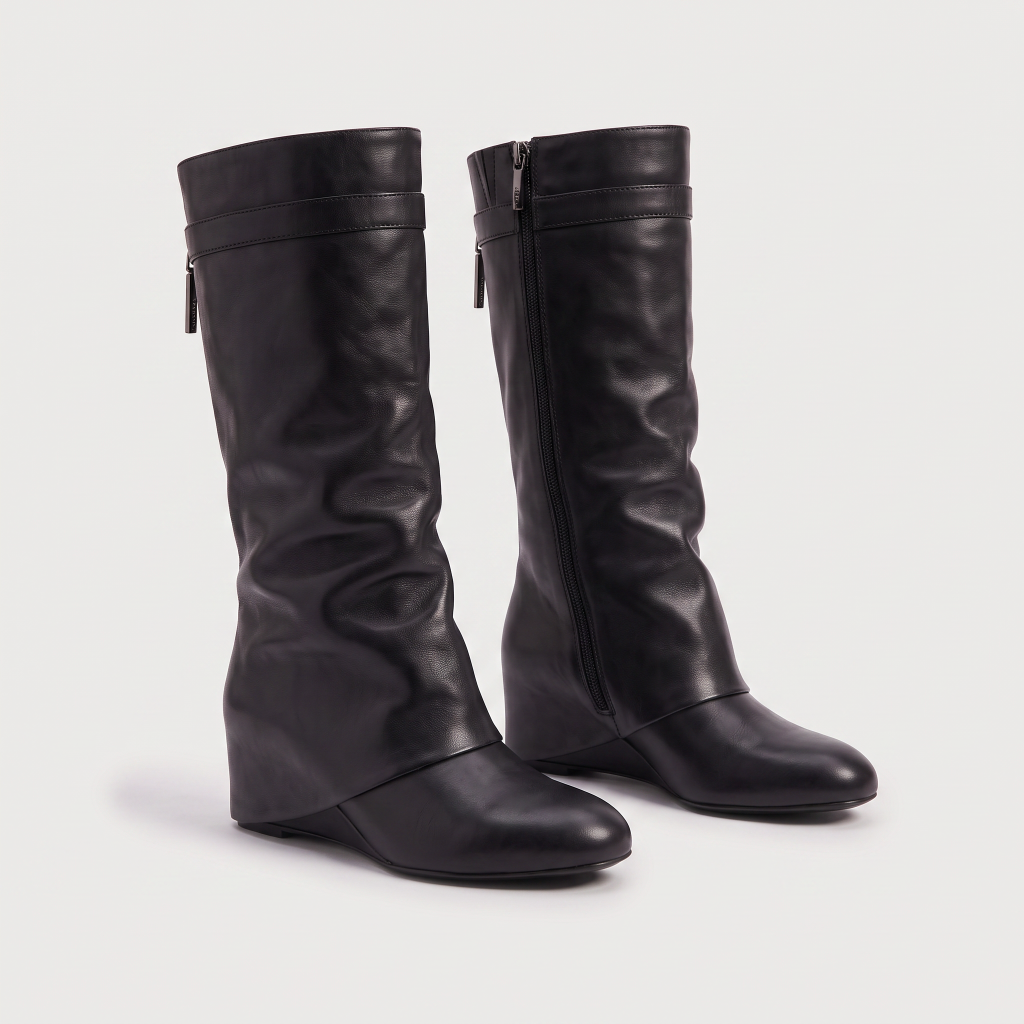 Knee high black boots for women featuring a stylish fold-over cuff and a comfortable low wedge heel, made with vegan upper materials. 4