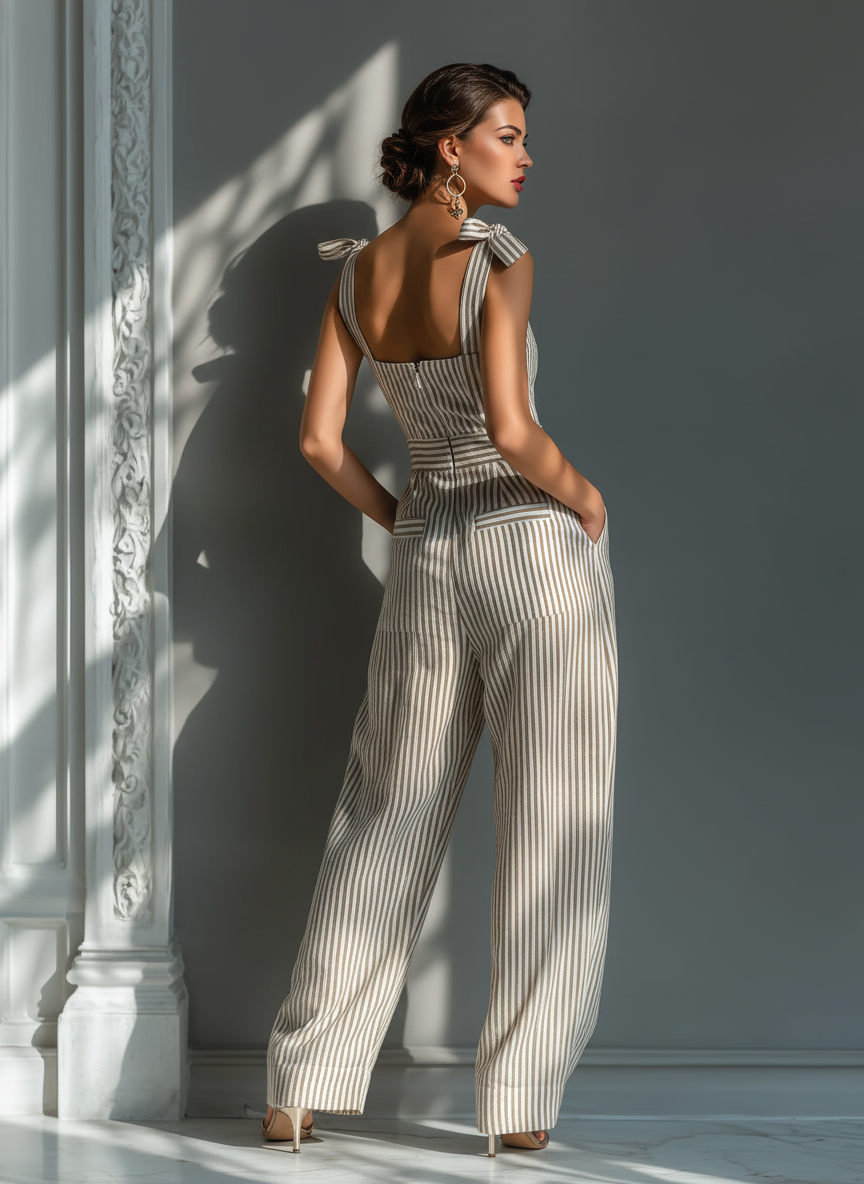 Linen blend jumpsuit featuring adjustable tie straps, square neckline, and wide-leg design in beige and white stripes. 4