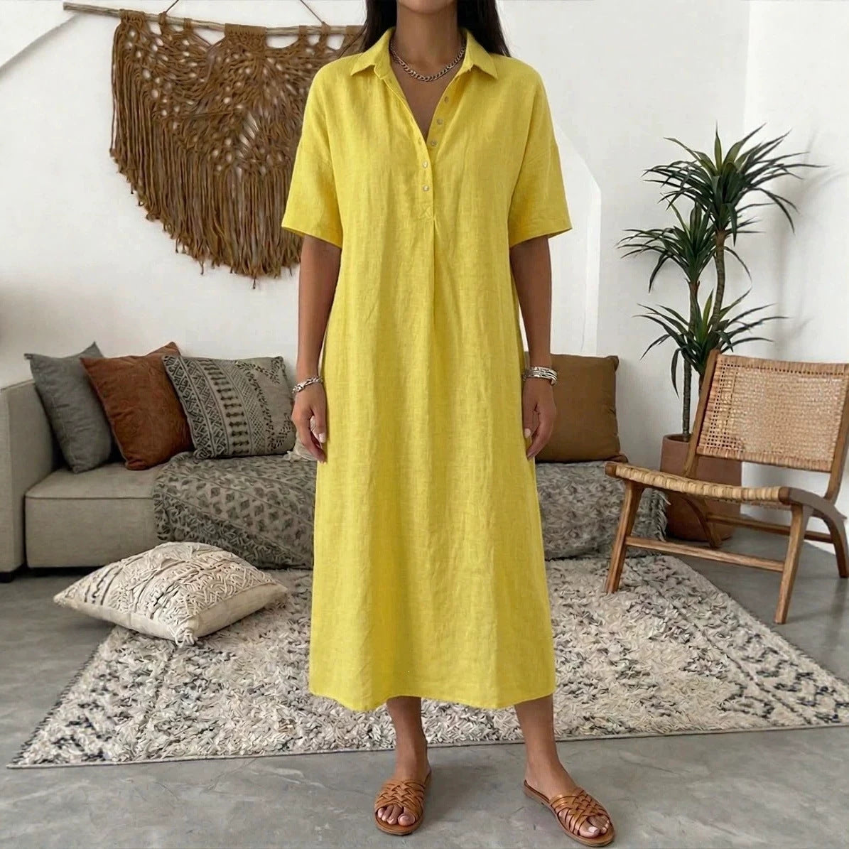 Linen midi shirt dress with classic collar and short sleeves in a relaxed fit, perfect for summer wear for women. 2