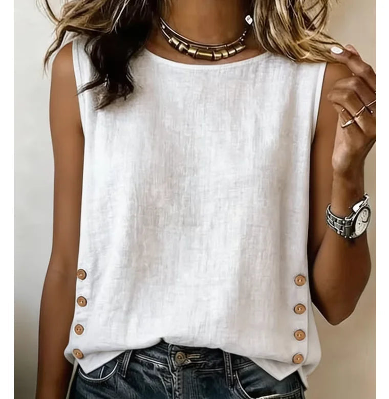 Linen tank top featuring a casual sleeveless design and stylish button side detail, perfect for summer outfits. 0