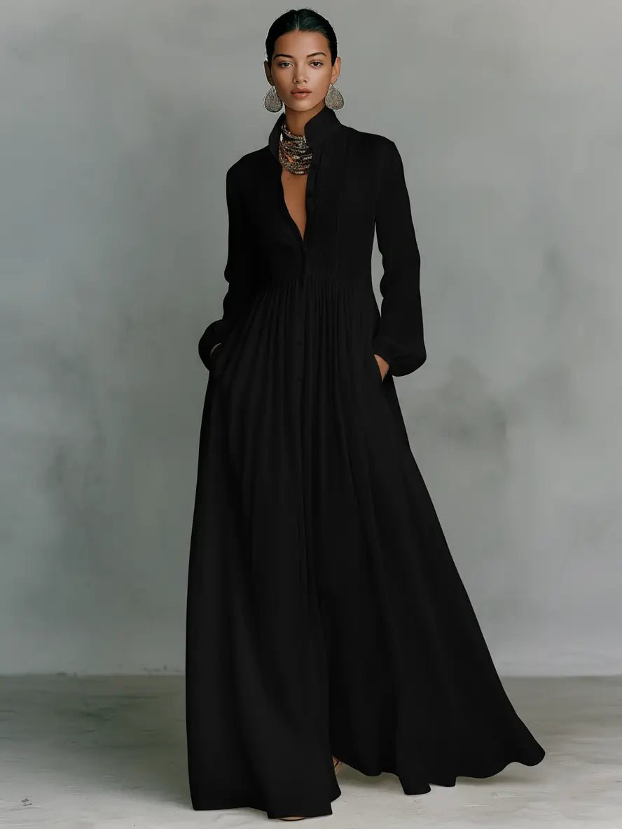 Maxi Dress with Patchwork Linen and Stand-Up Collar – Button Closure for Elegant Occasions 3