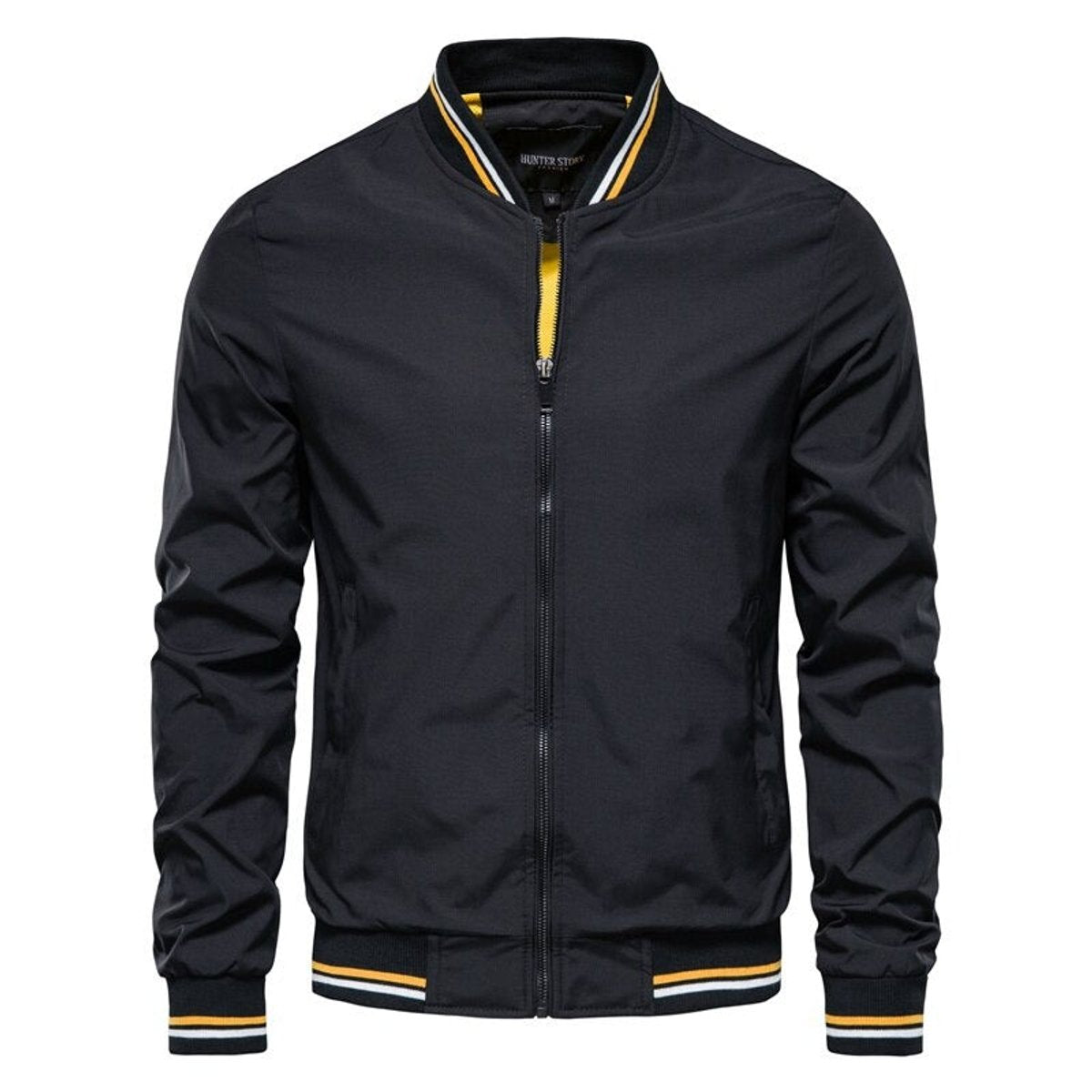Men's black varsity-style bomber jacket featuring a zip-up design and ribbed detailing, perfect for a stylish and casual look. 0