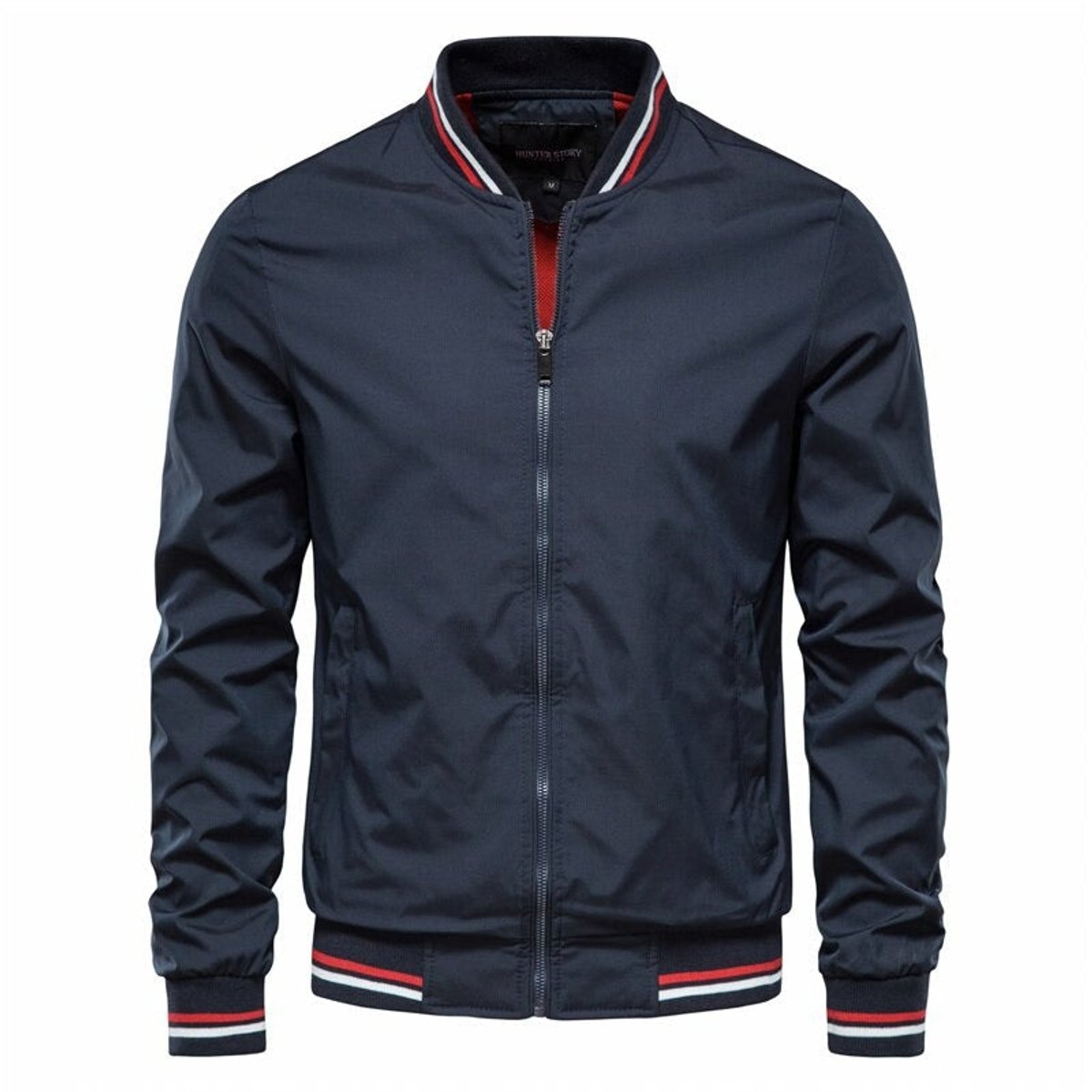 Men's black varsity-style bomber jacket featuring a zip-up design and ribbed detailing, perfect for a stylish and casual look. 1