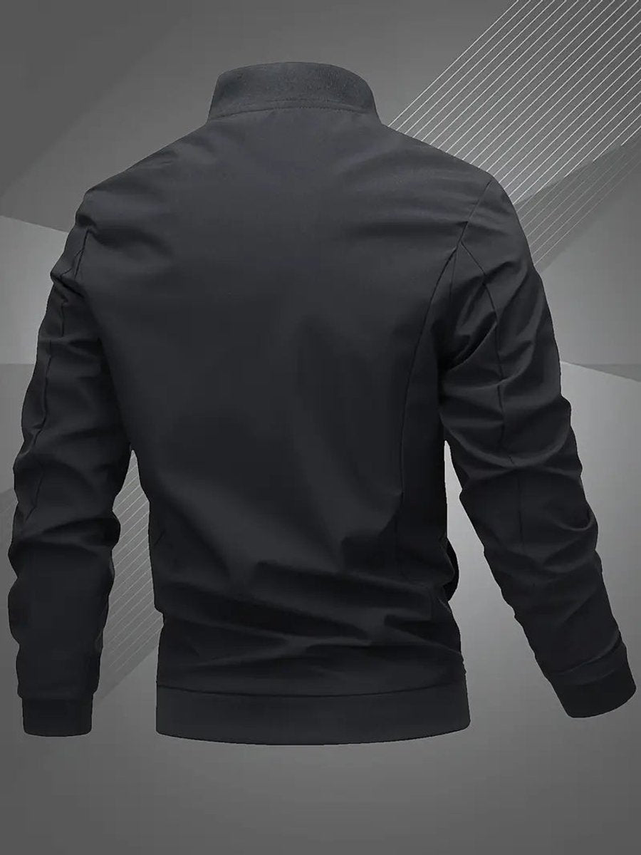 Men's black polyester bomber jacket featuring a zip-up front, baseball collar, and stylish embroidered detail. 3