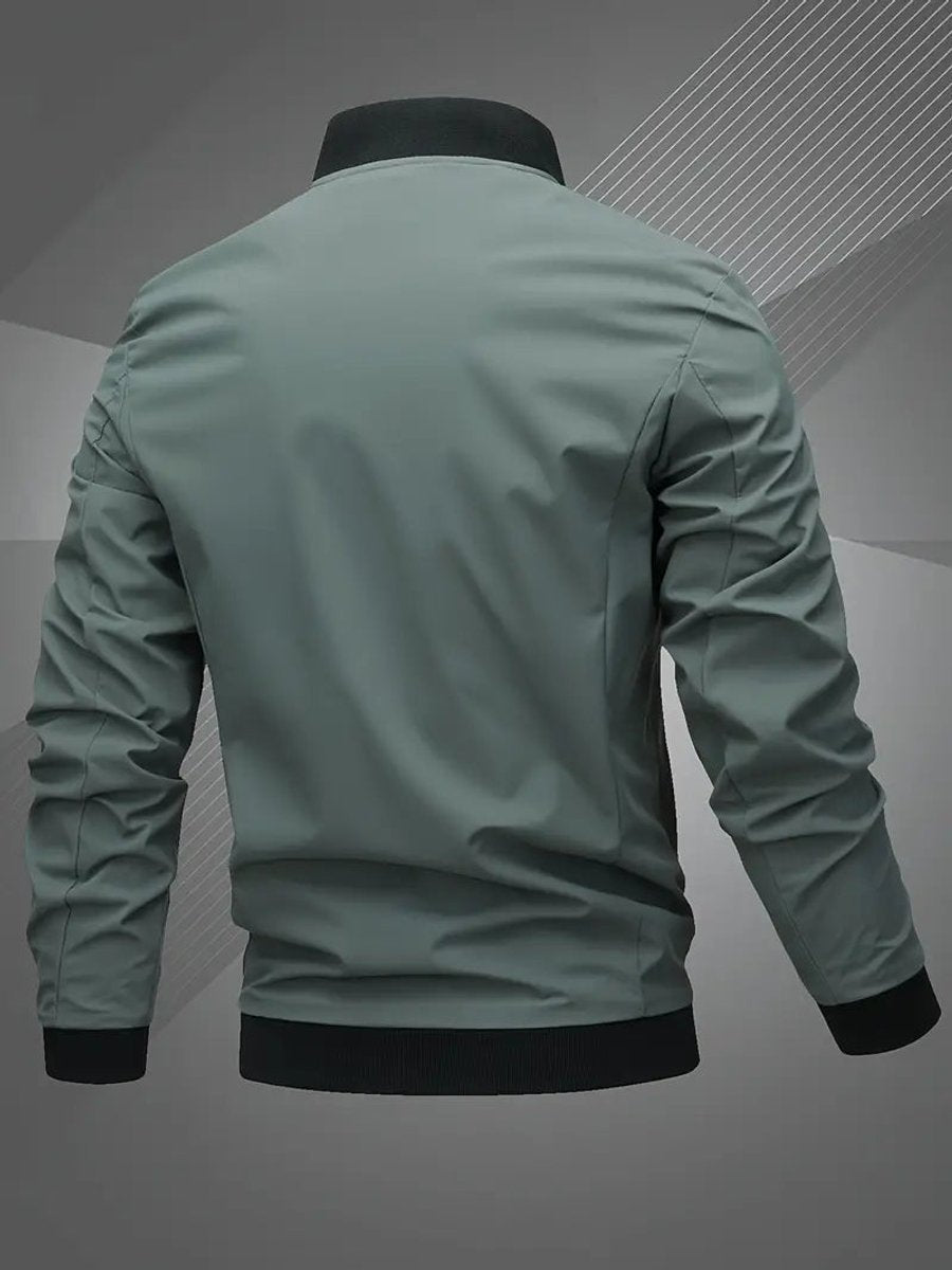 Men's black polyester bomber jacket featuring a zip-up front, baseball collar, and stylish embroidered detail. 6