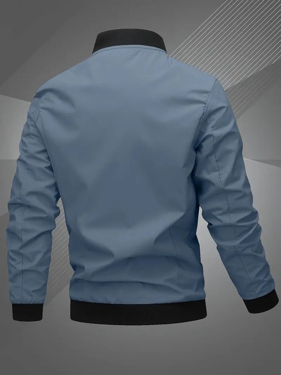 Men's black polyester bomber jacket featuring a zip-up front, baseball collar, and stylish embroidered detail. 8