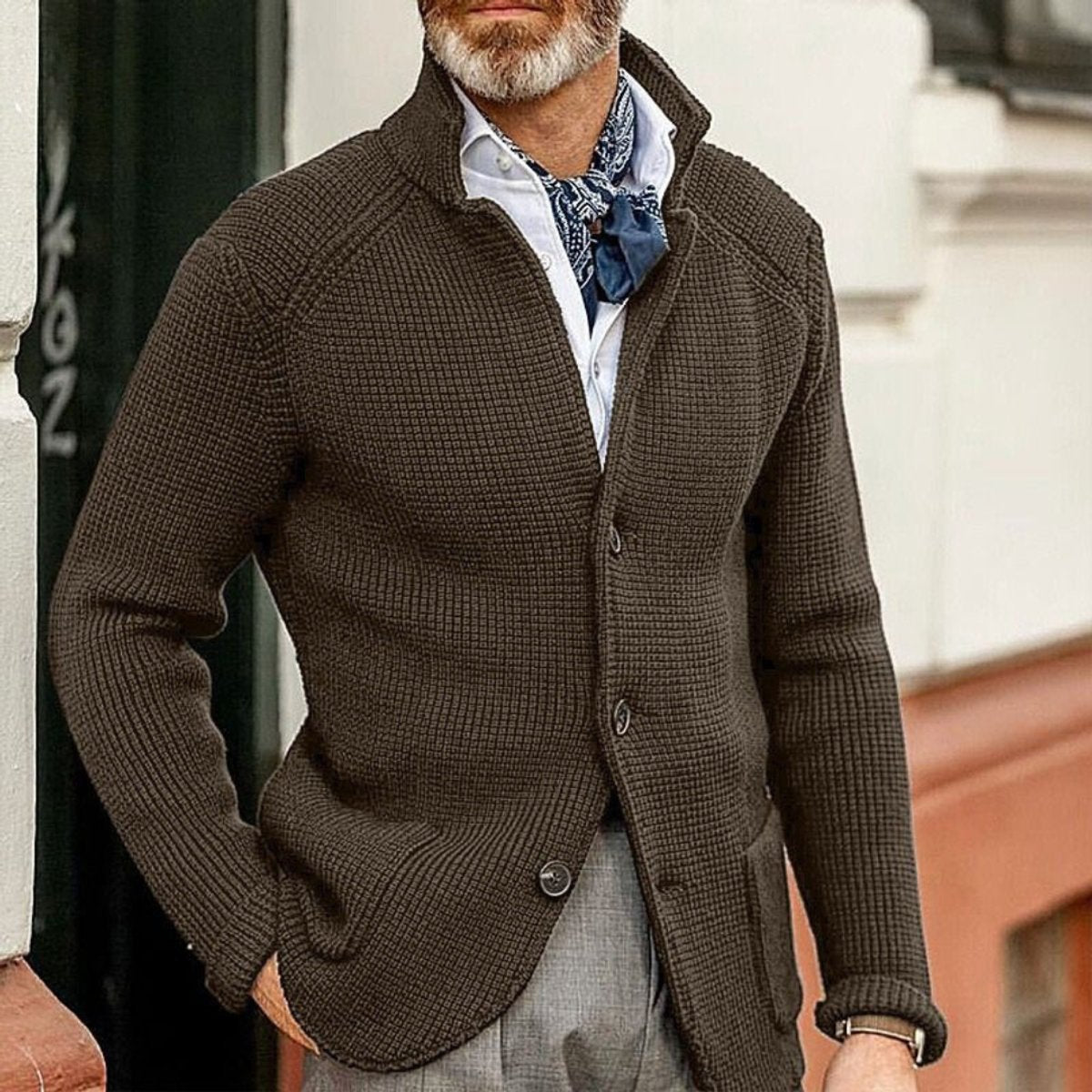 Men's cardigan blazer featuring a button front and stand collar, made from waffle-knit acrylic for a relaxed fit, perfect for casual or semi-formal occasions 0