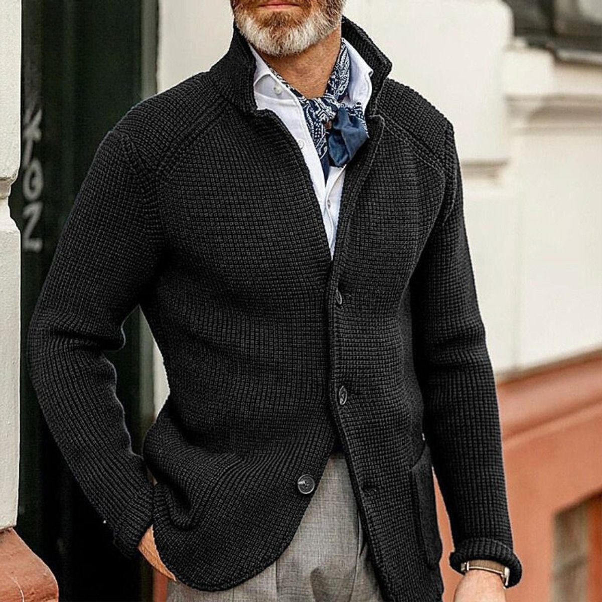 Men's cardigan blazer featuring a button front and stand collar, made from waffle-knit acrylic for a relaxed fit, perfect for casual or semi-formal occasions 1
