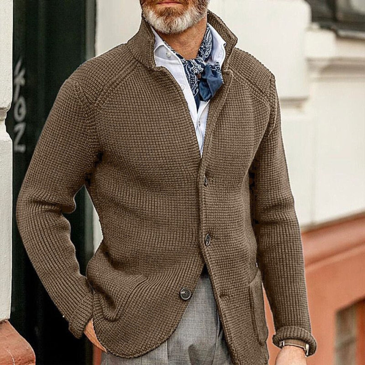 Men's cardigan blazer featuring a button front and stand collar, made from waffle-knit acrylic for a relaxed fit, perfect for casual or semi-formal occasions 2