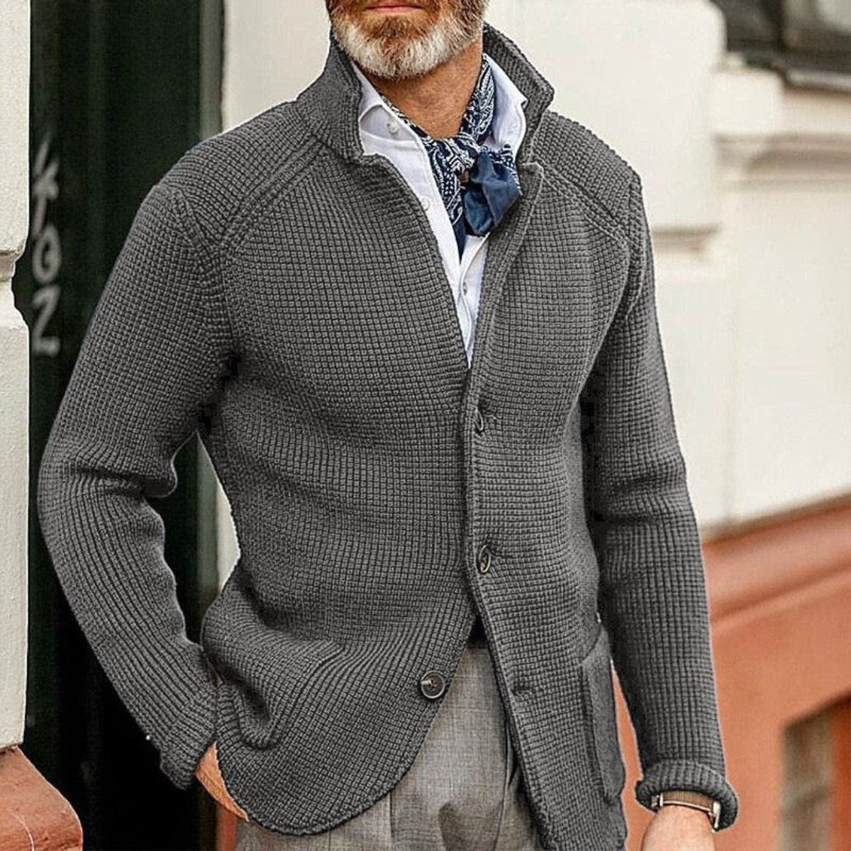 Men's cardigan blazer featuring a button front and stand collar, made from waffle-knit acrylic for a relaxed fit, perfect for casual or semi-formal occasions 4