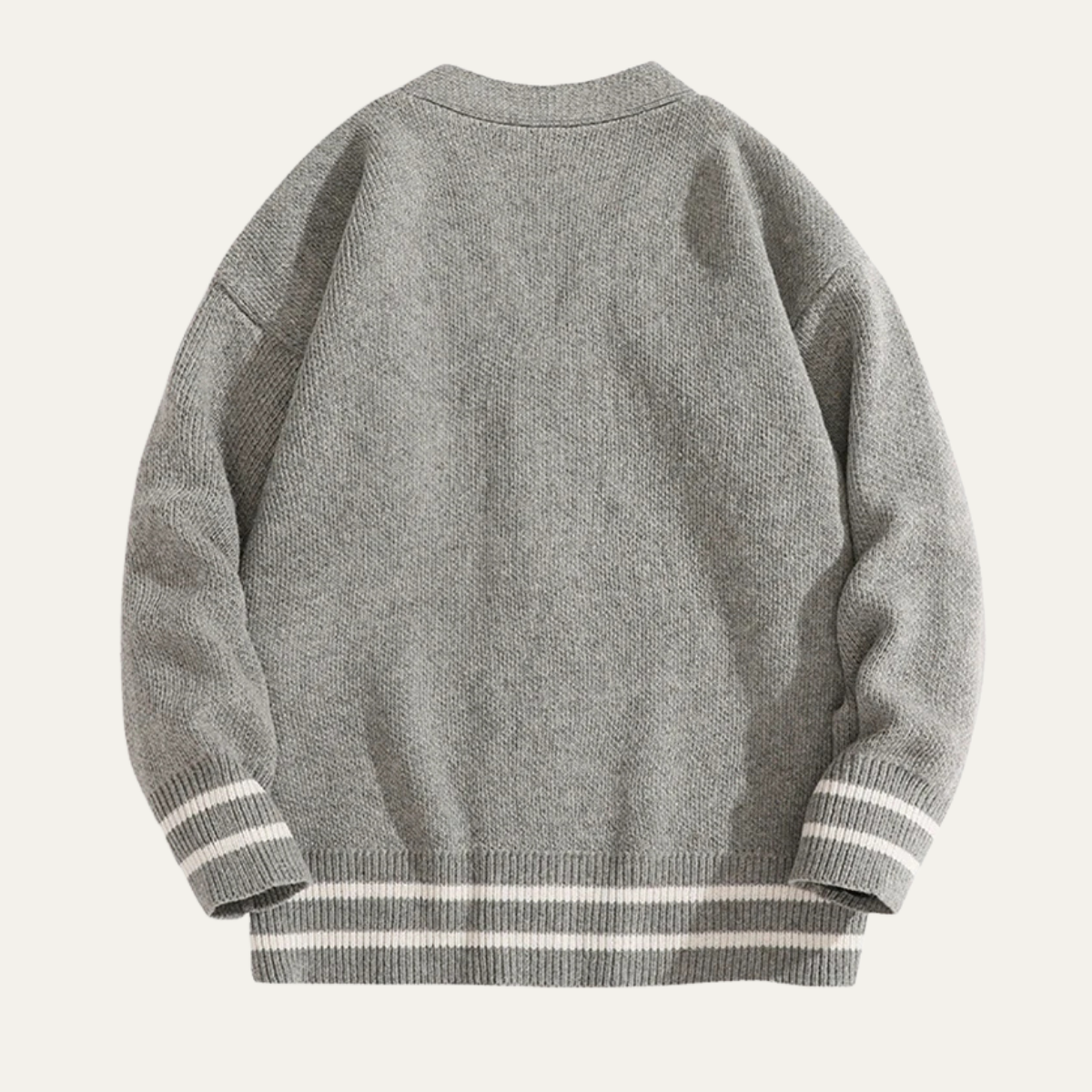 Men's cardigan with button front and V-neck design, featuring a soft knit texture, available in grey, cream, charcoal, and rust brown for a 4