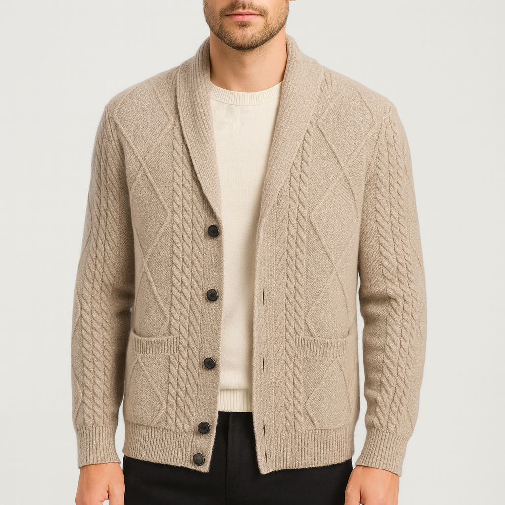 Men's classic fit cardigan made from soft merino wool featuring a button placket, ideal for versatile layering in casual or formal settings. 2