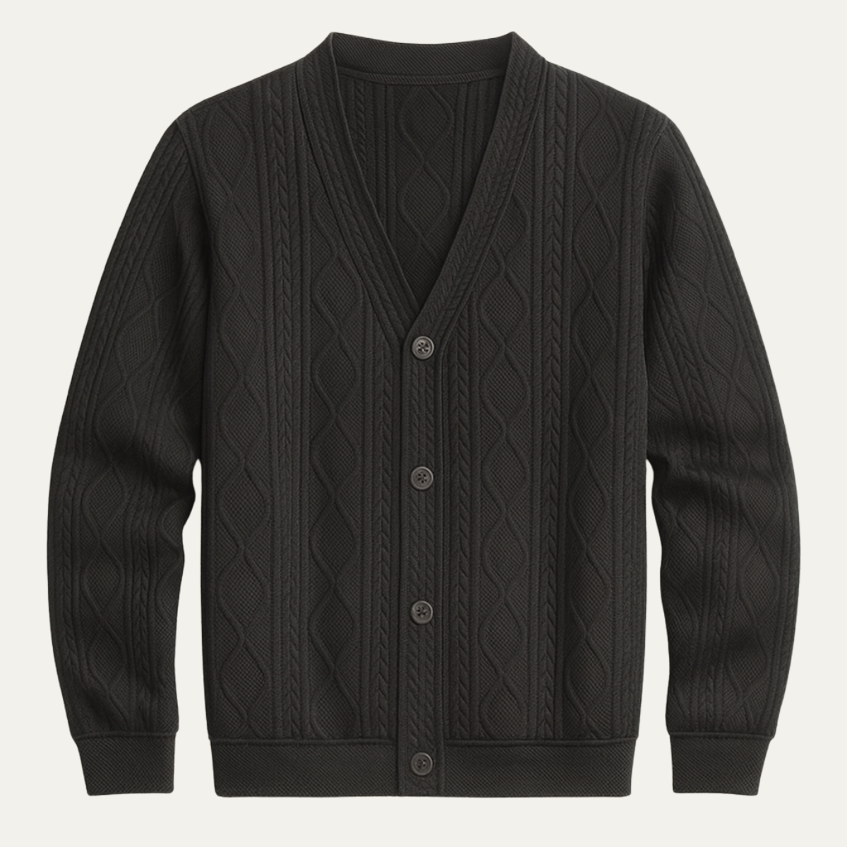Men's V-Neck Cardigan with Button Front in soft cable knit, perfect for a cozy fit, available in black, grey, and white. 3