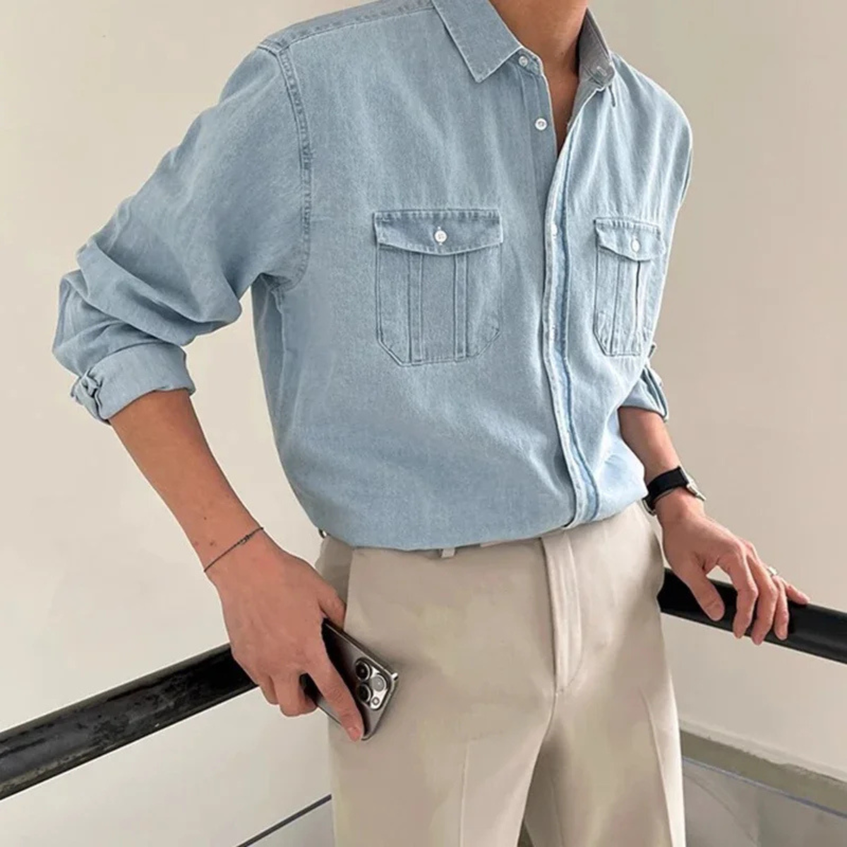 Men's denim long sleeve shirt featuring twin chest pockets and a washed finish, designed for a regular fit, perfect for casual and stylish outfits. 3