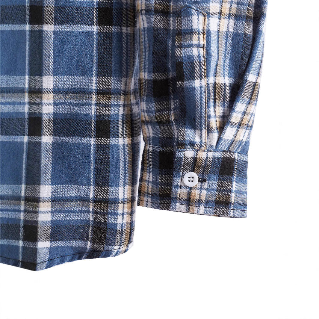 Men's flannel shirt in soft blue check pattern featuring a jersey hood and adjustable drawstring, perfect for casual wear. 5