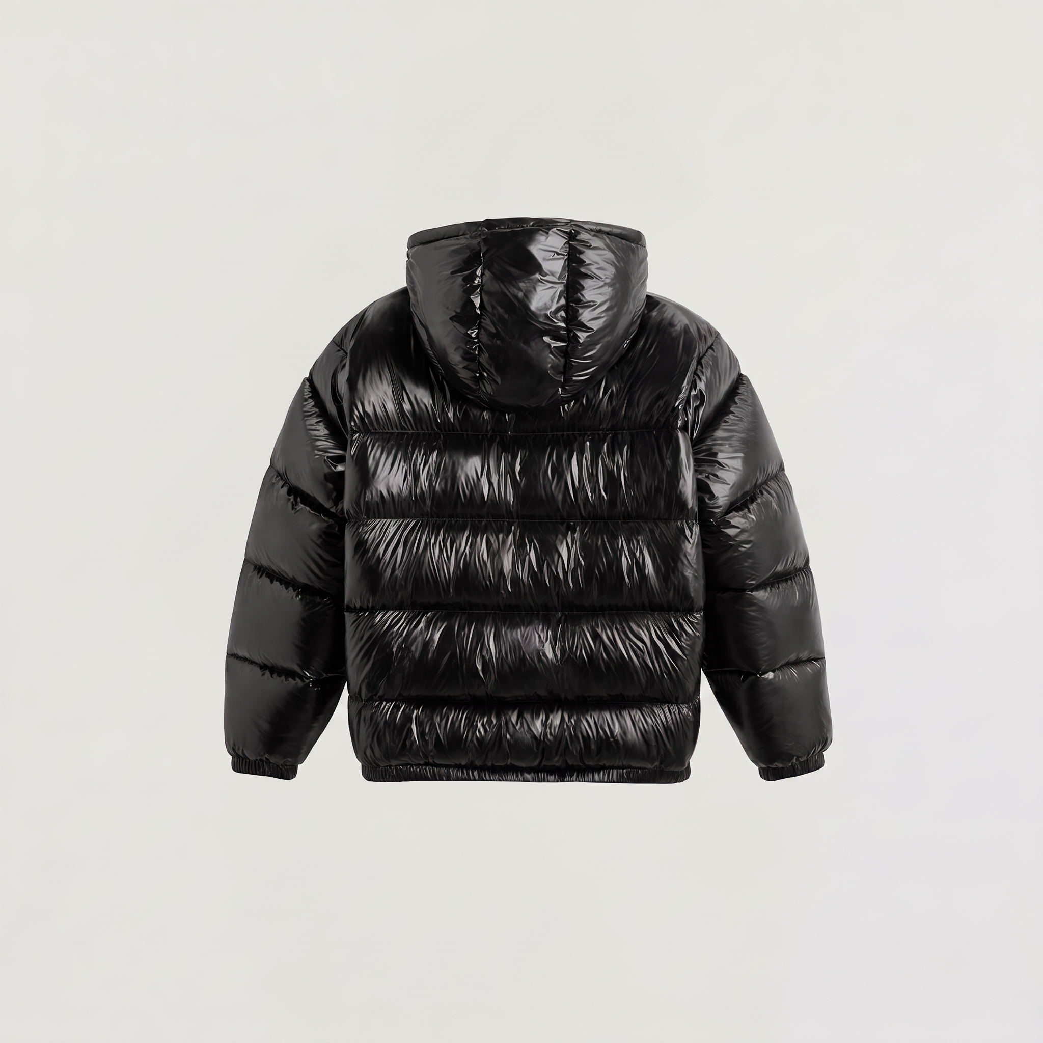 Men's hooded puffer jacket featuring zip pockets and a glossy quilted finish, designed for a relaxed fit, perfect for winter wear. 7