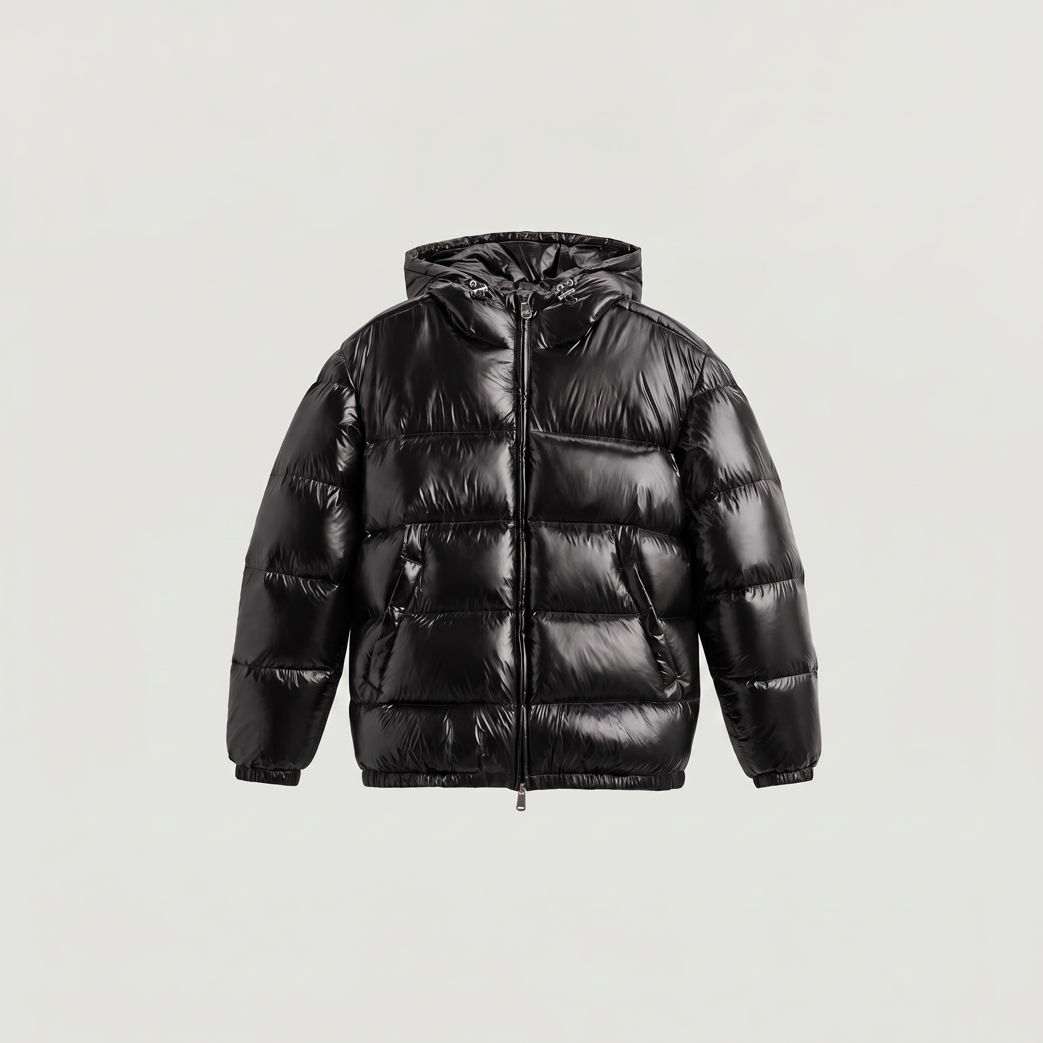 Men's hooded puffer jacket featuring zip pockets and a glossy quilted finish, designed for a relaxed fit, perfect for winter wear. 8