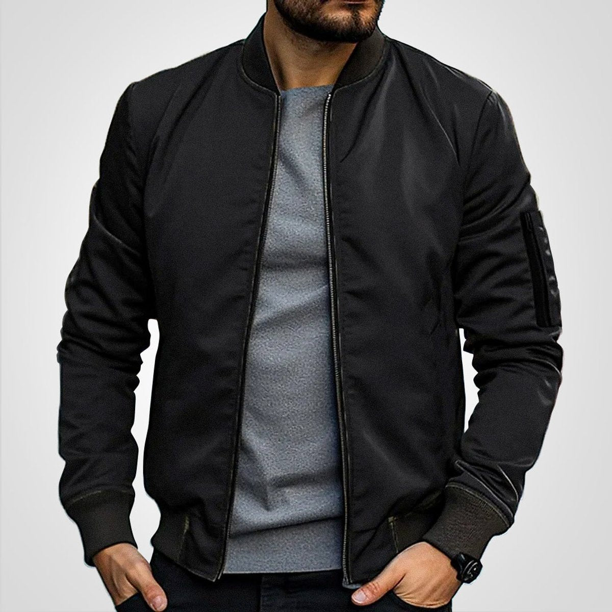 Men's insulated bomber jacket featuring a zip pocket, designed for winter warmth with a classic flight coat style. 0